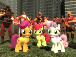 Size: 1024x768 | Tagged: 3d, apple bloom, artist:sonic5421, cutie mark, cutie mark crusaders, demoman, derpibooru import, engineer, gmod, heavy, heavy weapons guy, medic, pyro, safe, scootaloo, scout, sniper, soldier, spy, sweetie belle, team fortress 2, the cmc's cutie marks