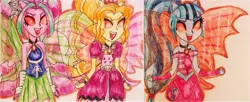 Size: 2314x941 | Tagged: safe, artist:blazingdazzlingdusk, derpibooru import, adagio dazzle, aria blaze, sonata dusk, equestria girls, rainbow rocks, drawing, fin wings, ponied up, red eyes, requested art, singing, sleeveless, the dazzlings, traditional art