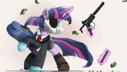 Size: 1000x563 | Tagged: safe, artist:ncmares, artist:theshadowscale, derpibooru import, twilight sparkle, twilight sparkle (alicorn), alicorn, pony, animated, badass, clothes, crossover, female, gun, magic, mare, money, necktie, payday 2, payday the heist, solo, weapon