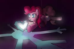 Size: 2851x1894 | Tagged: safe, artist:xbi, derpibooru import, pinkie pie, pony, action pose, crystal heart, eyes on the prize, glow, harness, mission impossible, prone, smiling, solo, suspended, tabun art-battle finished after, the floor is lava