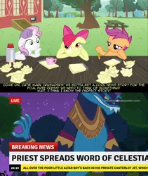 Size: 1280x1517 | Tagged: ahuizotl, apple bloom, breaking news, break your own news, cutie mark crusaders, derpibooru import, edit, edited screencap, exploitable meme, hellsing ultimate abridged, image macro, meme, news, obligatory pony, ponyville confidential, scootaloo, screencap, semi-grimdark, spotlight, sudden clarity sweetie belle, suggestive, sweetie belle, text