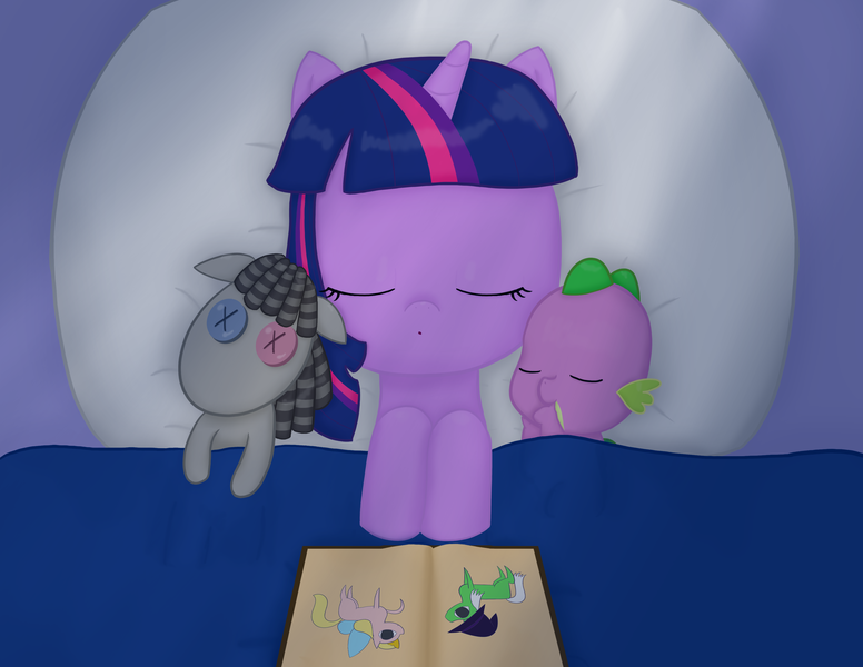 Size: 3300x2550 | Tagged: safe, artist:poppun, derpibooru import, smarty pants, spike, twilight sparkle, dragon, pony, unicorn, baby, baby dragon, baby spike, bed, blanket, book, cute, doll, eyes closed, female, filly, filly twilight sparkle, male, mama twilight, pillow, sleeping, spikabetes, spikelove, story book, toy, twiabetes