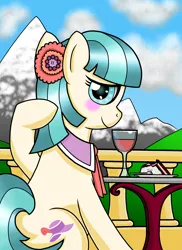 Size: 2552x3496 | Tagged: alcohol, artist:heartshielder1991, blushing, cake, coco pommel, derpibooru import, food, looking at you, safe, solo, wine, wine glass