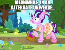 Size: 647x500 | Tagged: safe, artist:pixelkitties, derpibooru import, edit, starlight glimmer, pony, unicorn, alternate universe, basket, chaurus, clothes, cute, dress, female, glimmerbetes, glowing horn, happy, horn, image macro, levitation, magic, mare, meme, necklace, open mouth, pigtails, skyrim, solo, telekinesis, the elder scrolls