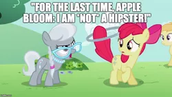 Size: 800x450 | Tagged: safe, derpibooru import, edit, edited screencap, screencap, apple bloom, silver spoon, earth pony, pony, the cutie pox, female, filly, foal, hipster, image macro, meme