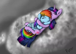 Size: 1400x1000 | Tagged: safe, artist:furor1, derpibooru import, rainbow dash, twilight sparkle, cloud, female, hug, lesbian, shipping, twidash