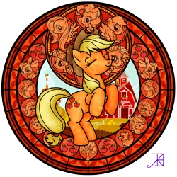 Size: 1600x1600 | Tagged: safe, artist:akili-amethyst, derpibooru import, apple bloom, applejack, big macintosh, braeburn, fluttershy, granny smith, pinkie pie, rainbow dash, rarity, twilight sparkle, winona, earth pony, pony, dive to the heart, kingdom hearts, male, stained glass, stallion