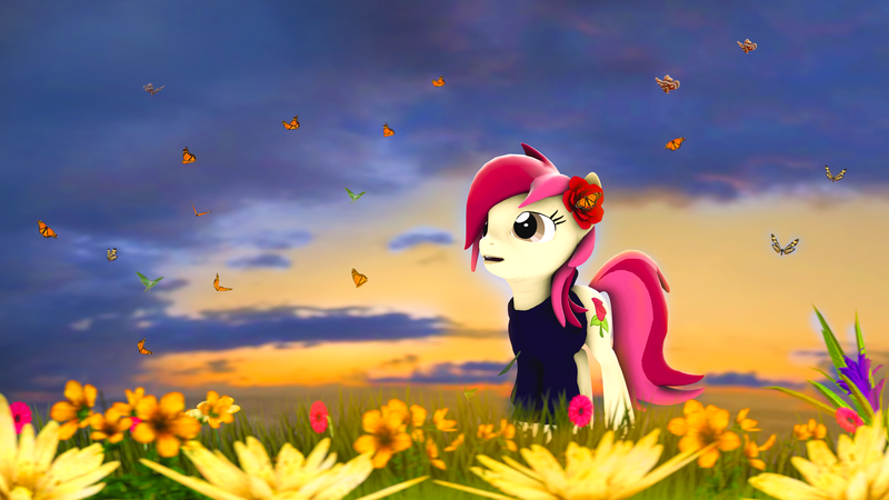 Size: 4000x2250 | Tagged: 3d, artist:turbovilka, butterfly, clothes, derpibooru import, field, flower, flower in hair, rose, roseluck, safe, scenery, solo, source filmmaker, sweater