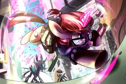 Size: 1200x800 | Tagged: safe, artist:sion-ara, derpibooru import, moondancer, changeling, pony, unicorn, a canterlot wedding, action pose, clothes, female, glasses, gritted teeth, magic, mare, running, saddle bag, shield, swarm, underhoof