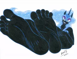 Size: 1280x995 | Tagged: anthro, artist:braxia, barefoot, close-up, derpibooru import, feet, female, fetish, foot fetish, foot focus, grin, nightmare moon, plantigrade anthro, soles, solo, solo female, suggestive, toes