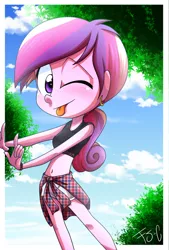 Size: 800x1184 | Tagged: safe, artist:fj-c, derpibooru import, princess cadance, equestria girls, belly button, clothes, dean cadance, midriff, shirt around waist, shorts, solo, sports bra, tongue out, wink, younger