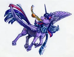 Size: 1000x766 | Tagged: safe, artist:dany-the-hell-fox, derpibooru import, twilight sparkle, twilight sparkle (alicorn), alicorn, pony, clothes, female, fluffy, flying, golden snitch, harry potter, mare, mouth hold, quidditch, scarf, simple background, solo, traditional art, unshorn fetlocks