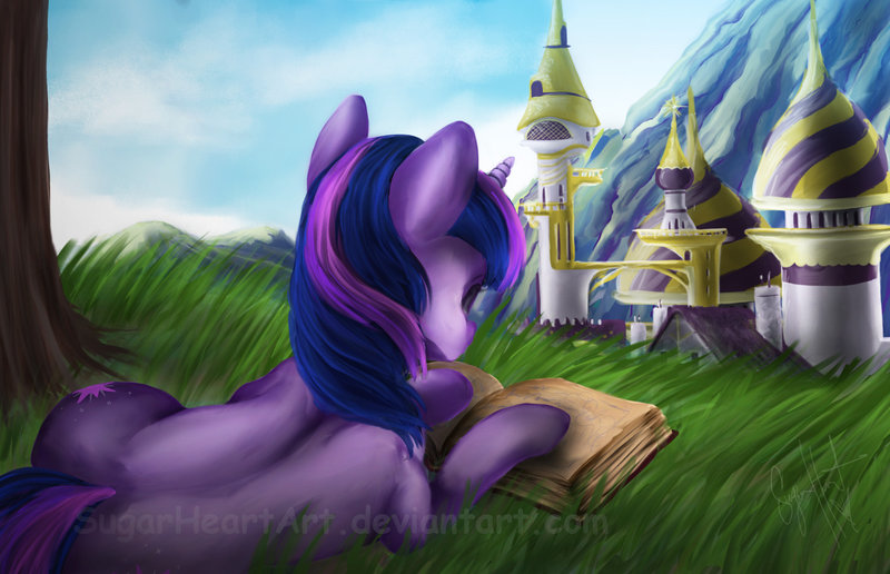 Size: 800x516 | Tagged: artist:sugarheartart, book, canterlot, derpibooru import, friendship is magic, prone, safe, scene interpretation, solo, twilight sparkle