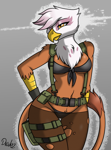 Size: 2066x2800 | Tagged: questionable, artist:drako1997, derpibooru import, gilda, anthro, gryphon, belt, bra, breasts, busty gilda, cameltoe, clothes, female, hand on hip, holster, image, looking sideways, metal gear, metal gear solid 5, panties, png, pubic fluff, quiet (metal gear), ripped stockings, solo, solo female, tail curled, underboob, underwear