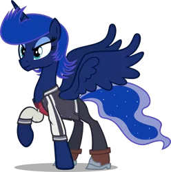 Size: 1751x1765 | Tagged: alternate hairstyle, artist:zacatron94, clothes, derpibooru import, letterman jacket, parody, pompadour, princess luna, raised hoof, safe, simple background, solo, space dandy, transparent background, vector