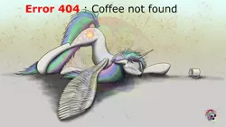 Size: 920x518 | Tagged: safe, artist:sloppyhooves, derpibooru import, princess celestia, bed mane, coffee mug, error message, majestic as fuck, sleeping, solo, spread wings, tongue out