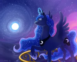 Size: 1250x1000 | Tagged: artist:kallarmo, derpibooru import, magic, moon, moonrise, night, princess luna, raised hoof, safe, solo, spread wings