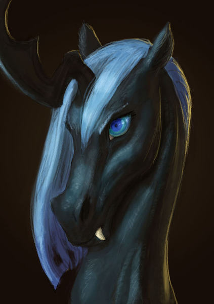 Size: 687x975 | Tagged: artist:carnifex, black background, blue changeling, changeling, changeling oc, changeling queen, changeling queen oc, derpibooru import, female, horse, horsified, oc, oc:myxine, portrait, realistic, safe, simple background, unofficial characters only