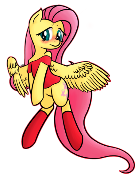 Size: 1500x2000 | Tagged: artist:mang, blushing, clothes, derpibooru import, fluttershy, safe, shoulderless, socks, solo, wings