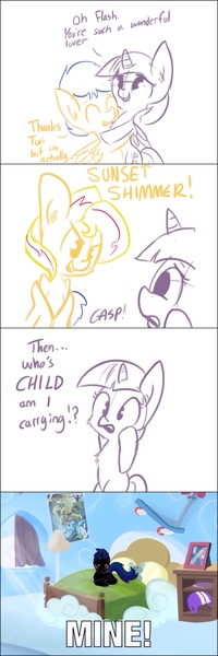 Size: 640x1920 | Tagged: safe, artist:tjpones, derpibooru import, edit, flash sentry, sunset shimmer, twilight sparkle, twilight sparkle (alicorn), oc, oc:midnight blue, alicorn, pony, comic, female, flashlight, lesbian, male, mare, meme, ponysuit, shipping, straight, sunsetsparkle