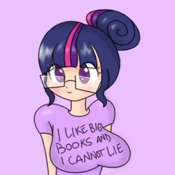 Size: 526x526 | Tagged: safe, artist:amybun, artist:comaofsouls, derpibooru import, twilight sparkle, human, big breasts, breasts, busty twilight sparkle, clothes, female, glasses, hair bun, humanized, shirt text, simple background, sir mix-a-lot, solo, song reference, that pony sure does love books, t-shirt