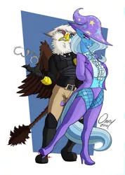 Size: 800x1123 | Tagged: safe, artist:omny87, derpibooru import, trixie, oc, oc:iris ironhide, anthro, gryphon, arrested, boots, clothes, gloves, hand cuffs, high heel boots, high heels, police officer