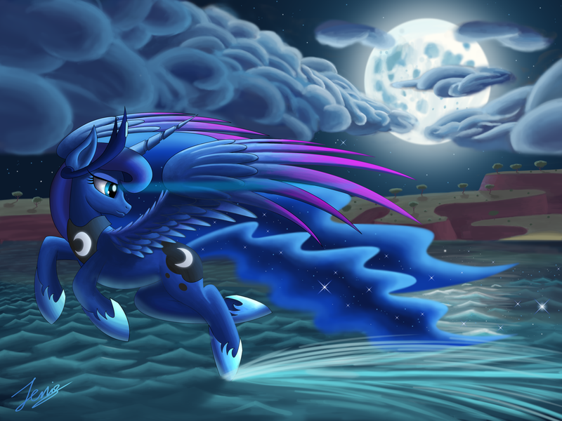 Size: 4000x3000 | Tagged: absurd resolution, alicorn, artist:duskie-06, blue eyes, cloud, crown, derpibooru import, ethereal mane, eyelashes, female, flying, hoof shoes, horn, jewelry, looking back, moon, night, ocean, princess luna, regalia, safe, signature, solo, sparkles, spread wings, stars, tree, water, wings