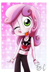 Size: 1024x1515 | Tagged: safe, artist:fj-c, derpibooru import, sweetie belle, equestria girls, belly button, clothes, crossover, looney tunes, midriff, short shirt, solo, sylvester, sylvester the cat, tongue out, wink