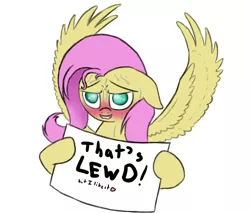 Size: 900x768 | Tagged: 4chan, artist:slamjam, bedroom eyes, blushing, colored, cute, derpibooru import, female, fluttershy, grin, heart, holding sign, hoof hold, lewd, lip bite, looking at you, reaction image, simple background, smiling, solo, solo female, spread wings, suggestive, sweat, sweating profusely, text, white background, wingboner