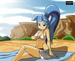Size: 2591x2126 | Tagged: artist:ryured, avatar the last airbender, beach, bedroom eyes, belly button, bikini, breasts, busty sonata dusk, clothes, derpibooru import, female, human, human coloration, humanized, looking at you, ponytail, solo, solo female, sonata dusk, suggestive, swimsuit, teasing, ty lee