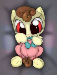 Size: 1140x1500 | Tagged: safe, artist:miniferu, derpibooru import, oc, oc:shiny smiley, unofficial characters only, pegasus, pony, baby, baby pony, chewing, drool, eating, female, filly, foal, offspring, parent:oc:handy hoofs, parent:oc:spring beauty, parents:oc x oc, parents:springhoofs, solo