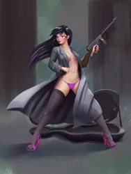 Size: 900x1200 | Tagged: 1927 thompson, action pose, artist:jay156, braless, cello case, clothes, cutie mark on human, derpibooru import, female, gun, high heels, human, humanized, mafia, mafia octavia, no bra underneath, octavia melody, panties, sexy, solo, solo female, stockings, stupid sexy octavia, suggestive, thigh highs, tommy gun, underwear, weapon