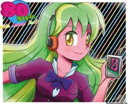 Size: 1259x1022 | Tagged: safe, artist:the-butch-x, derpibooru import, lemon zest, equestria girls, 80s, headphones, looking at you, smiling, solo, walkman