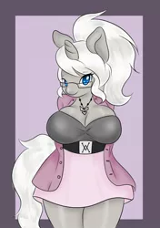 Size: 903x1280 | Tagged: safe, artist:comaofsouls, derpibooru import, oc, oc:mysti, unofficial characters only, anthro, unicorn, breasts, clothes, dress, female, glasses, necklace, solo