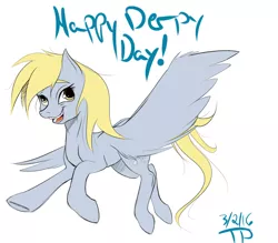 Size: 1600x1400 | Tagged: safe, artist:thethunderpony, derpibooru import, derpy hooves, pegasus, pony, female, flat colors, flying, happy, mare, simple background, smiling, solo, white background