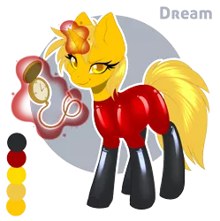 Size: 950x952 | Tagged: safe, artist:peridotkitty, derpibooru import, oc, oc:dream searcher, unofficial characters only, pony, unicorn, catsuit, clothes, commission, female, glowing horn, horn, latex, latex boots, latex socks, latex suit, magic, mare, pendulum swing, pocket watch, simple background, socks, solo, telekinesis, transparent background