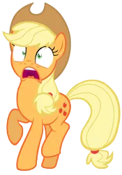 Size: 7000x10000 | Tagged: absurd resolution, applejack, artist:tardifice, castle mane-ia, cowboy hat, d:, derpibooru import, freckles, hat, open mouth, raised hoof, safe, scared, simple background, solo, stetson, transparent background, vector, wide eyes