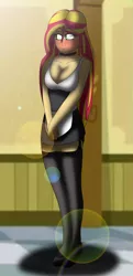 Size: 1920x3982 | Tagged: suggestive, artist:tyron91, derpibooru import, sunset shimmer, equestria girls, blushing, breasts, busty sunset shimmer, cleavage, clothes, female, garters, high heels, human coloration, humanized, lens flare, maid, solo, solo female