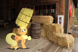 Size: 4752x3168 | Tagged: applejack, artist:archonitianicsmasher, artist:hachaosagent, balancing, barrel, coke, derpibooru import, fire extinguisher, food, hay bale, irl, photo, ponies balancing stuff on their nose, ponies in real life, safe, shadow, show off, sign, soda, solo, vector