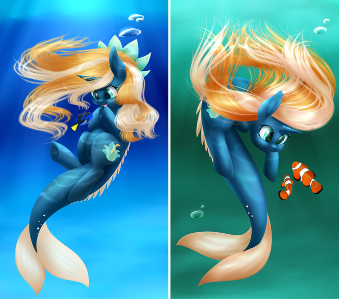 Size: 2975x2625 | Tagged: safe, artist:noodlefreak88, derpibooru import, oc, oc:tidal charm, unofficial characters only, aquapony, fish, mermaid, merpony, pony, blue tang, clownfish, contest entry, dory, finding nemo, my little pony, seaunicorn, underwater