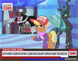 Size: 900x709 | Tagged: angry, artist:pixelkitties, cable news network, clothes, cnn, derpibooru import, donald trump, glowing eyes, hat, justin bieber, lord tirek, make america great again, mouthpiece, ms. harshwhinny, ms. harshwhinny's election campaign, one direction, open mouth, parody, politics, queen chrysalis, raised hoof, safe, shirt, slayer, t-shirt, votehorse
