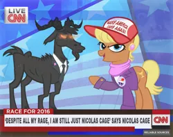 Size: 900x709 | Tagged: artist:pixelkitties, cable news network, cake, clothes, cnn, derpibooru import, donald trump, food, glare, glowing eyes, goat, hat, looking at you, make america great again, mouthpiece, ms. harshwhinny, ms. harshwhinny's election campaign, necktie, nicolas cage, oc, oc:black phillip, open mouth, pointing, politics, raised hoof, safe, smashing pumpkins, smirk, song reference, votehorse