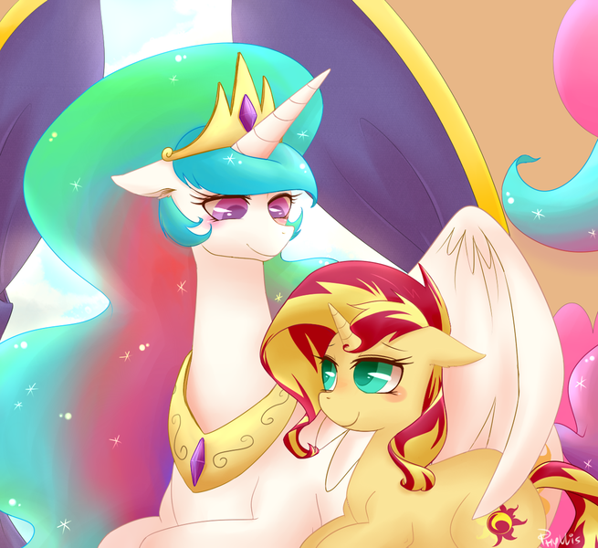 Size: 1200x1100 | Tagged: safe, artist:phyllismi, derpibooru import, princess celestia, sunset shimmer, alicorn, pony, unicorn