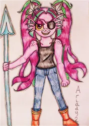 Size: 968x1368 | Tagged: safe, artist:blazingdazzlingdusk, derpibooru import, aria blaze, equestria girls, rainbow rocks, clothes, cosplay, costume, crossover, drawing, eyepatch, grin, looking at you, solo, spear, traditional art, undertale, undyne, weapon