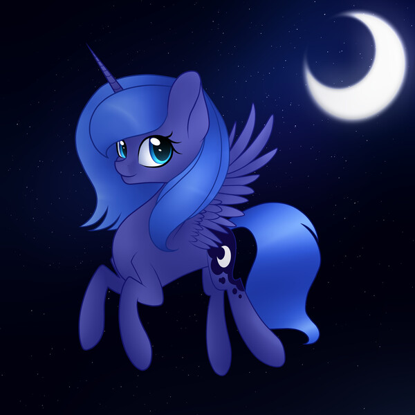 Size: 2000x2000 | Tagged: artist:luna756, crescent moon, derpibooru import, flying, moon, night, princess luna, s1 luna, safe, solo, stars