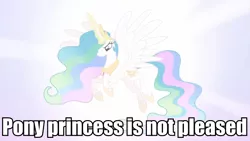 Size: 720x405 | Tagged: safe, derpibooru import, edit, edited screencap, screencap, princess celestia, alicorn, pony, lesson zero, ethereal mane, female, flying, glow, glowing horn, image macro, magic, mare, meme, solo, spread wings