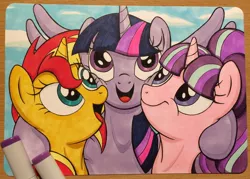 Size: 1024x734 | Tagged: safe, artist:littlehybridshila, derpibooru import, starlight glimmer, sunset shimmer, twilight sparkle, twilight sparkle (alicorn), alicorn, pony, unicorn, counterparts, cute, female, frown, hug, looking up, magical trio, mare, open mouth, puffy cheeks, s5 starlight, smiling, smirk, spread wings, twilight's counterparts, wings