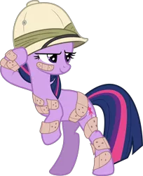 Size: 6000x7349 | Tagged: safe, artist:aureai, derpibooru import, twilight sparkle, unicorn, feeling pinkie keen, .svg available, absurd resolution, bandaid, bipedal, bipedal leaning, confident, hat, injured, leaning, pith helmet, simple background, solo, transparent background, unicorn twilight, vector