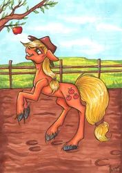 Size: 1533x2160 | Tagged: safe, artist:stirren, derpibooru import, applejack, earth pony, pony, apple tree, solo, tree