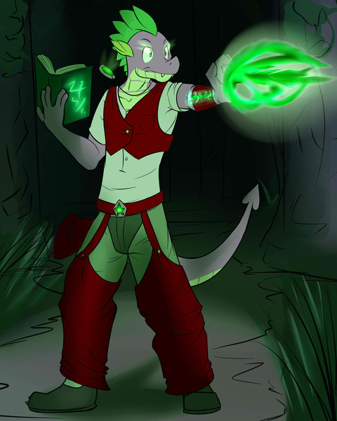 Size: 2000x2500 | Tagged: anthro, artist:fuzebox, book, derpibooru import, dragon, glow, glowing eyes, mage, magic, older, older spike, pendant, plantigrade anthro, rpg, safe, semi-anthro, solo, spike, teenaged dragon, teenager, teenage spike